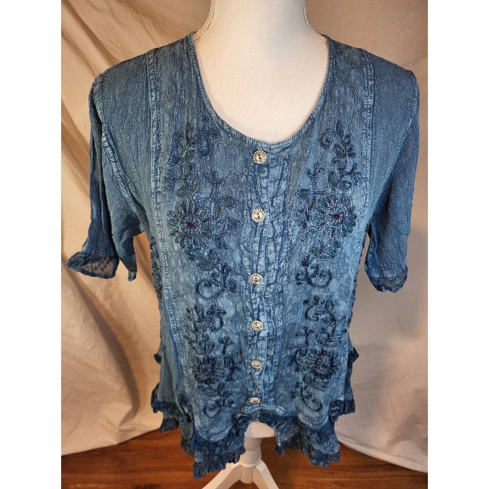 Cute Options Large‎ Blue Top Embrodery Rayon Boho Back Tie